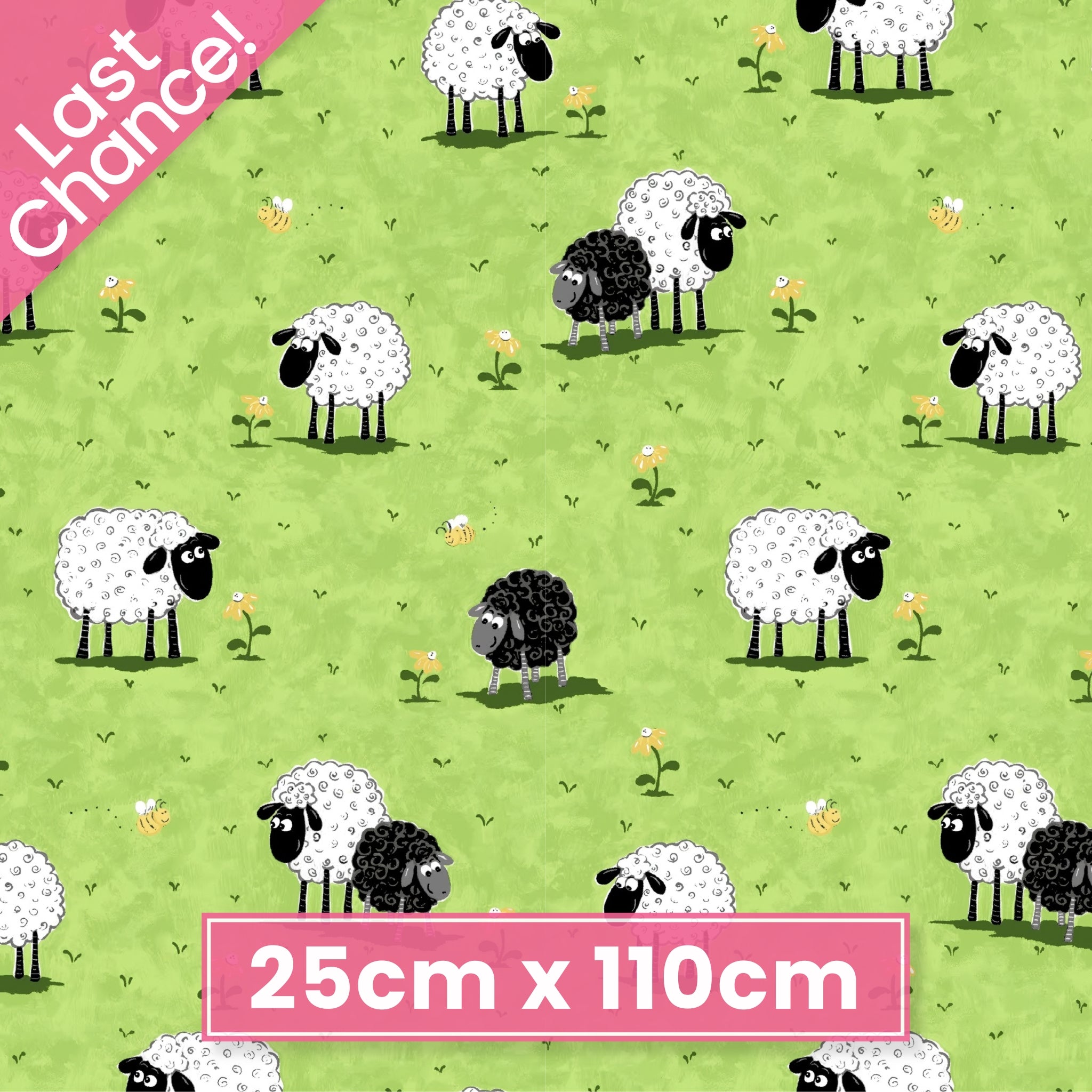 White and black sheep novelty print bright green meadow yellow flowers kids fabric for children's quilts baby quilts nursery décor patchwork projects