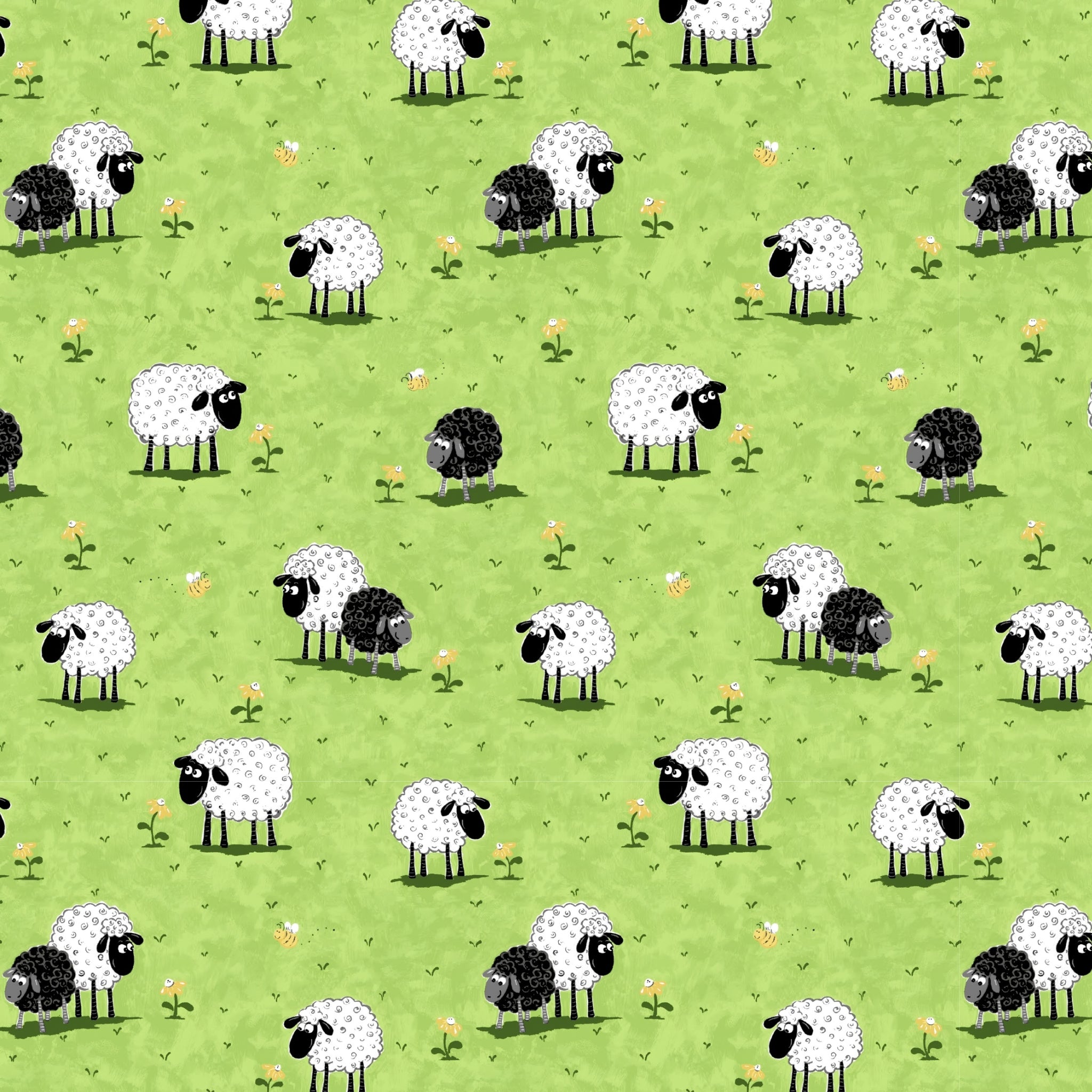 White and black sheep novelty print bright green meadow yellow flowers kids fabric for children's quilts baby quilts nursery décor patchwork projects