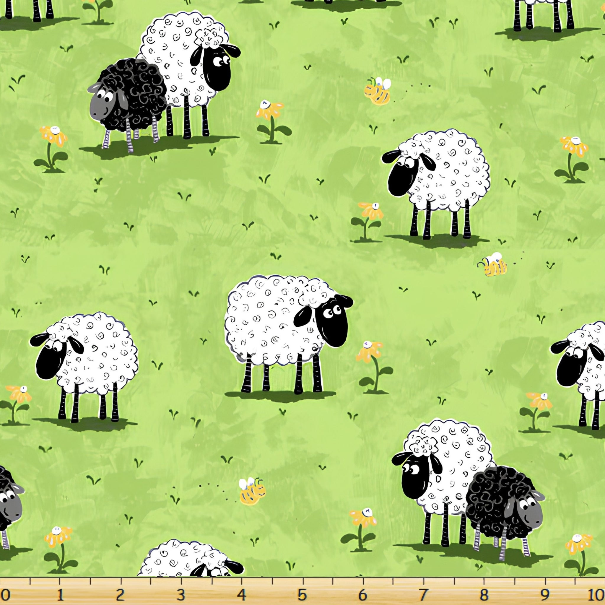 White and black sheep novelty print bright green meadow yellow flowers kids fabric for children's quilts baby quilts nursery décor patchwork projects