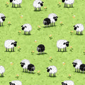 White and black sheep novelty print bright green meadow yellow flowers kids fabric for children's quilts baby quilts nursery décor patchwork projects