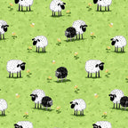 White and black sheep novelty print bright green meadow yellow flowers kids fabric for children's quilts baby quilts nursery décor patchwork projects