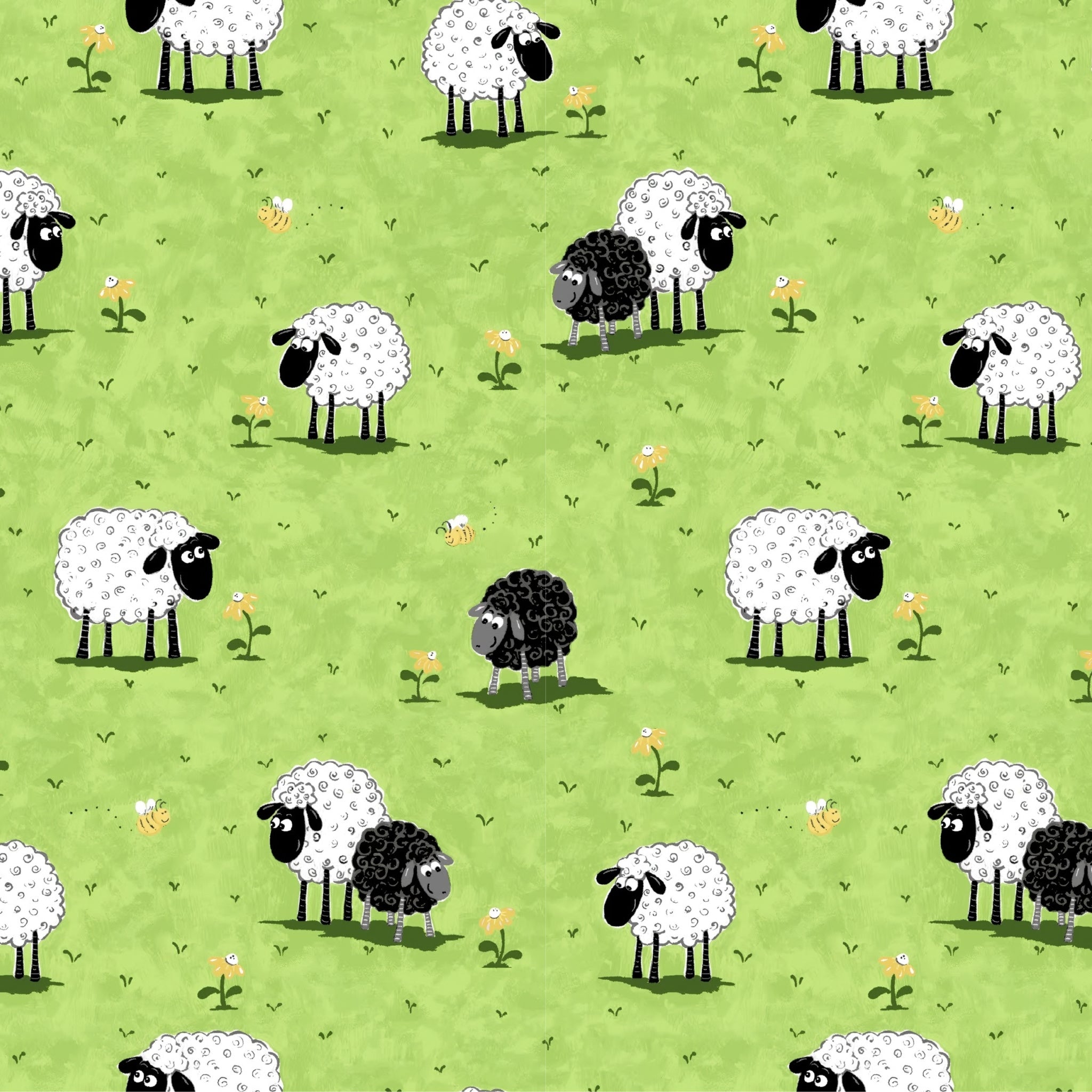 White and black sheep novelty print bright green meadow yellow flowers kids fabric for children's quilts baby quilts nursery décor patchwork projects