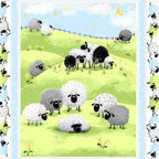 Lewe the Ewe quilt panel blue sheep meadow scene border strips individual blocks novelty kids quilting fabric baby quilts nursery gifts