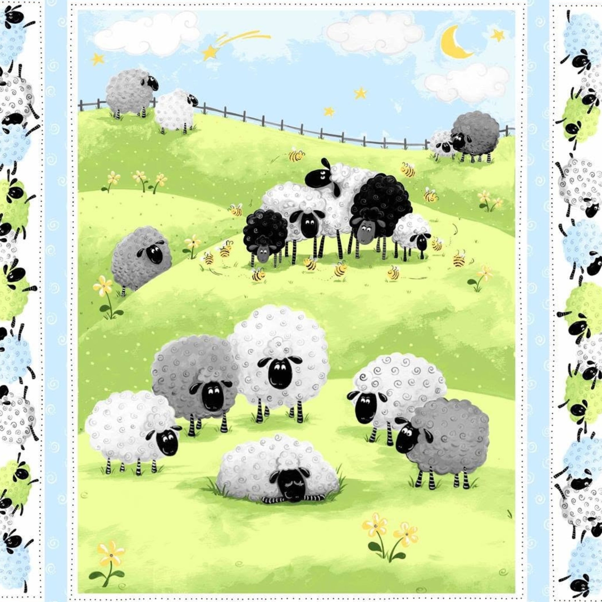 Lewe the Ewe quilt panel blue sheep meadow scene border strips individual blocks novelty kids quilting fabric baby quilts nursery gifts
