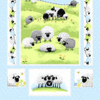Lewe the Ewe quilt panel blue sheep meadow scene border strips individual blocks novelty kids quilting fabric baby quilts nursery gifts
