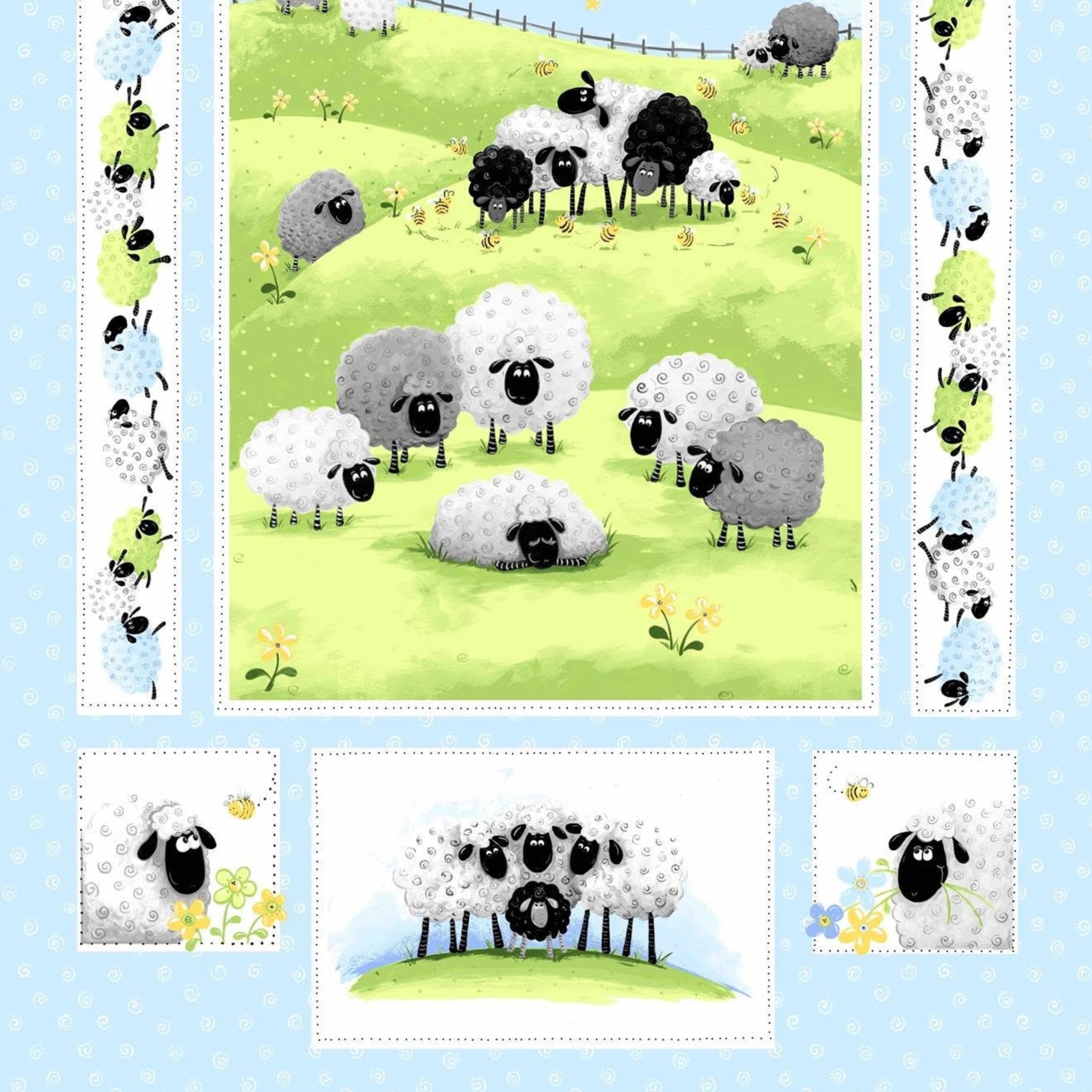 Lewe the Ewe quilt panel blue sheep meadow scene border strips individual blocks novelty kids quilting fabric baby quilts nursery gifts