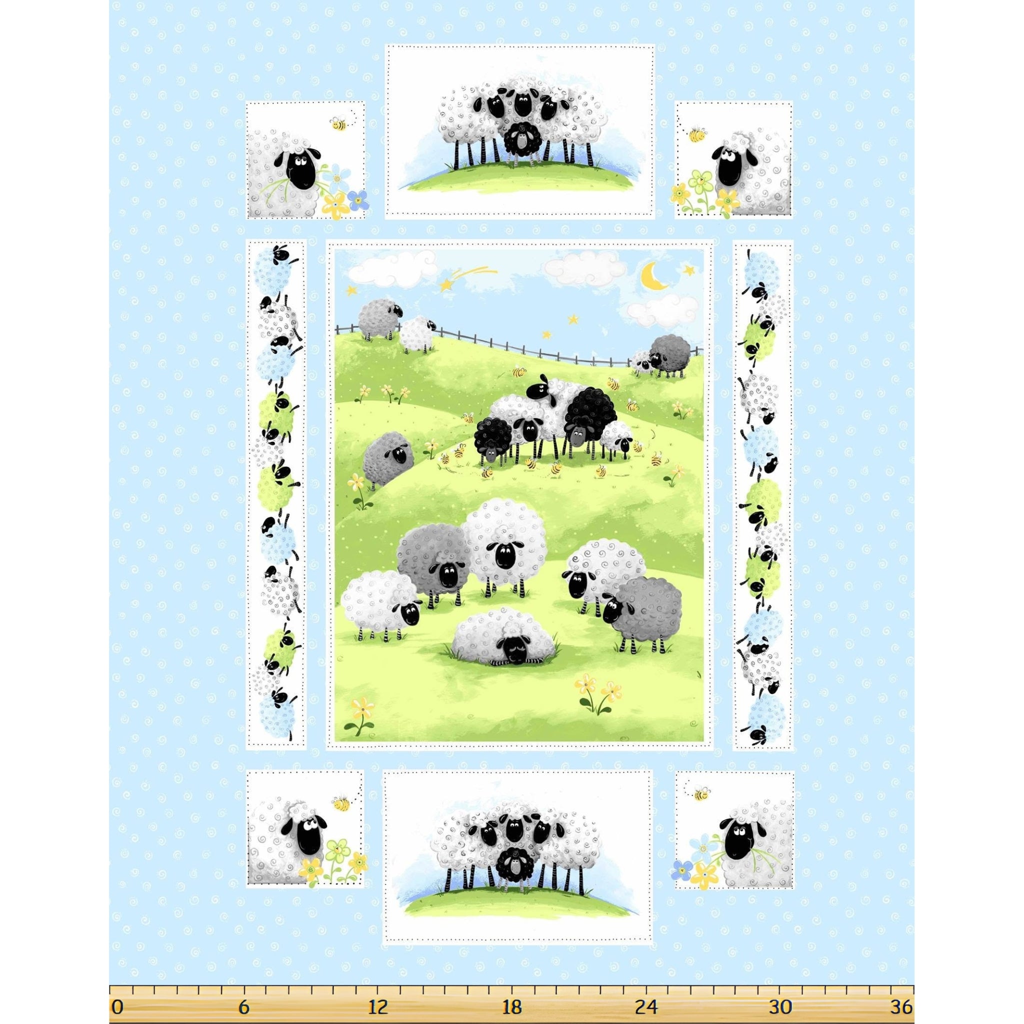 Lewe the Ewe quilt panel blue sheep meadow scene border strips individual blocks novelty kids quilting fabric baby quilts nursery gifts