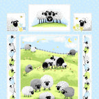Lewe the Ewe quilt panel blue sheep meadow scene border strips individual blocks novelty kids quilting fabric baby quilts nursery gifts