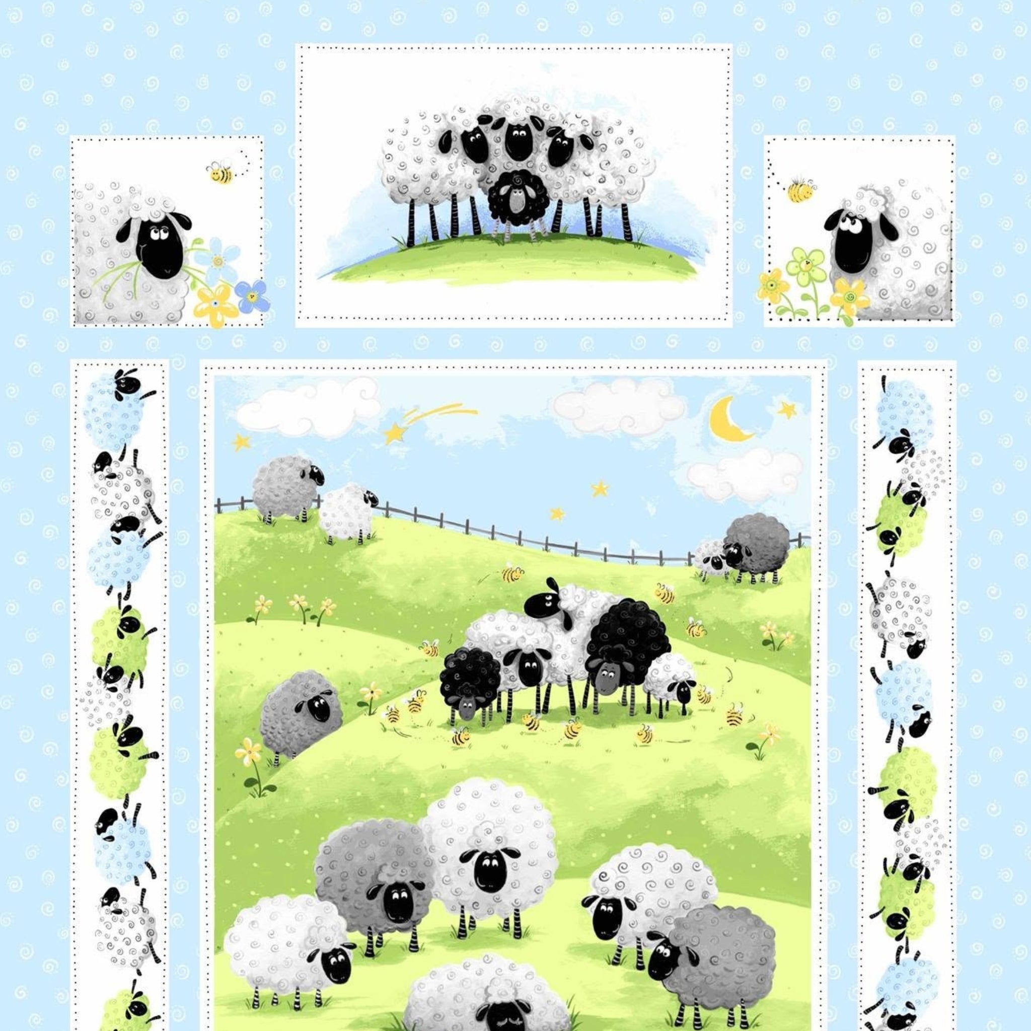 Lewe the Ewe quilt panel blue sheep meadow scene border strips individual blocks novelty kids quilting fabric baby quilts nursery gifts