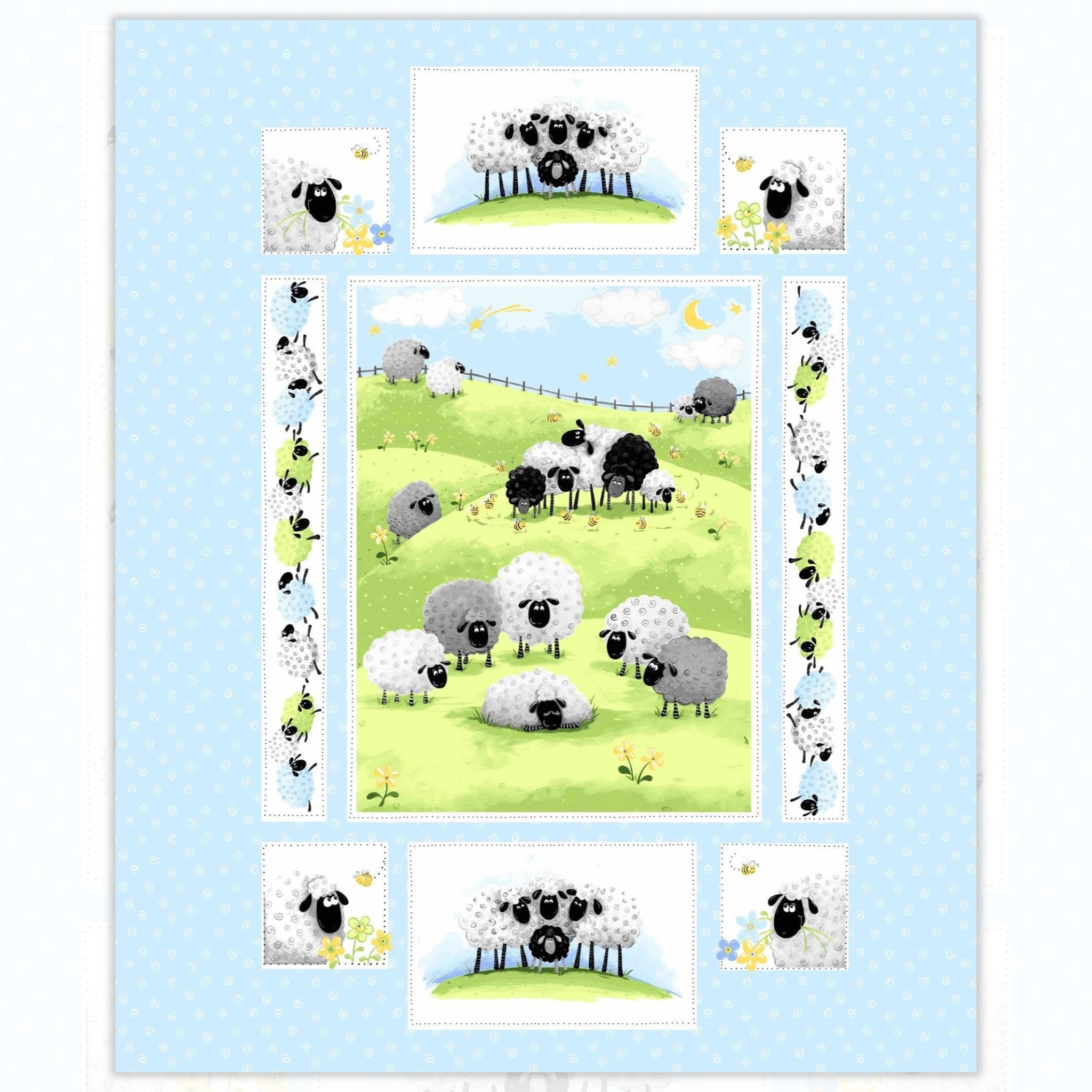 Lewe the Ewe quilt panel blue sheep meadow scene border strips individual blocks novelty kids quilting fabric baby quilts nursery gifts