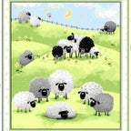 Lewe the Ewe quilt panel green sheep flock rolling hills crescent moon running sheep border novelty kids quilting fabric baby quilts nursery wall hangings