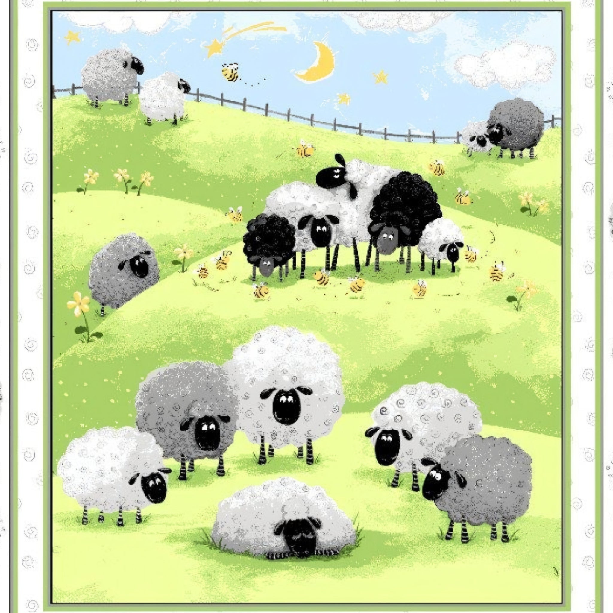 Lewe the Ewe quilt panel green sheep flock rolling hills crescent moon running sheep border novelty kids quilting fabric baby quilts nursery wall hangings