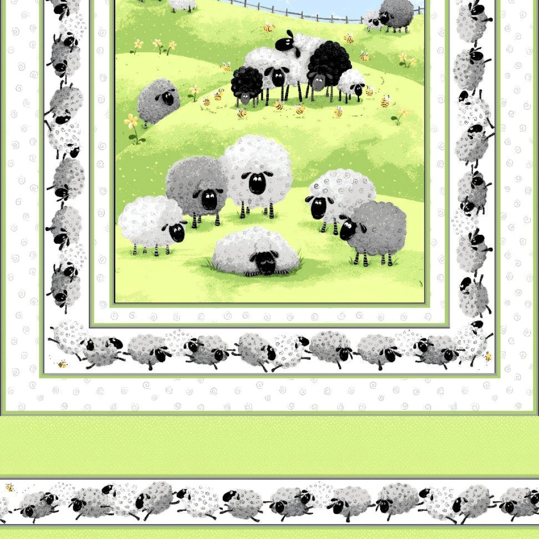 Lewe the Ewe quilt panel green sheep flock rolling hills crescent moon running sheep border novelty kids quilting fabric baby quilts nursery wall hangings