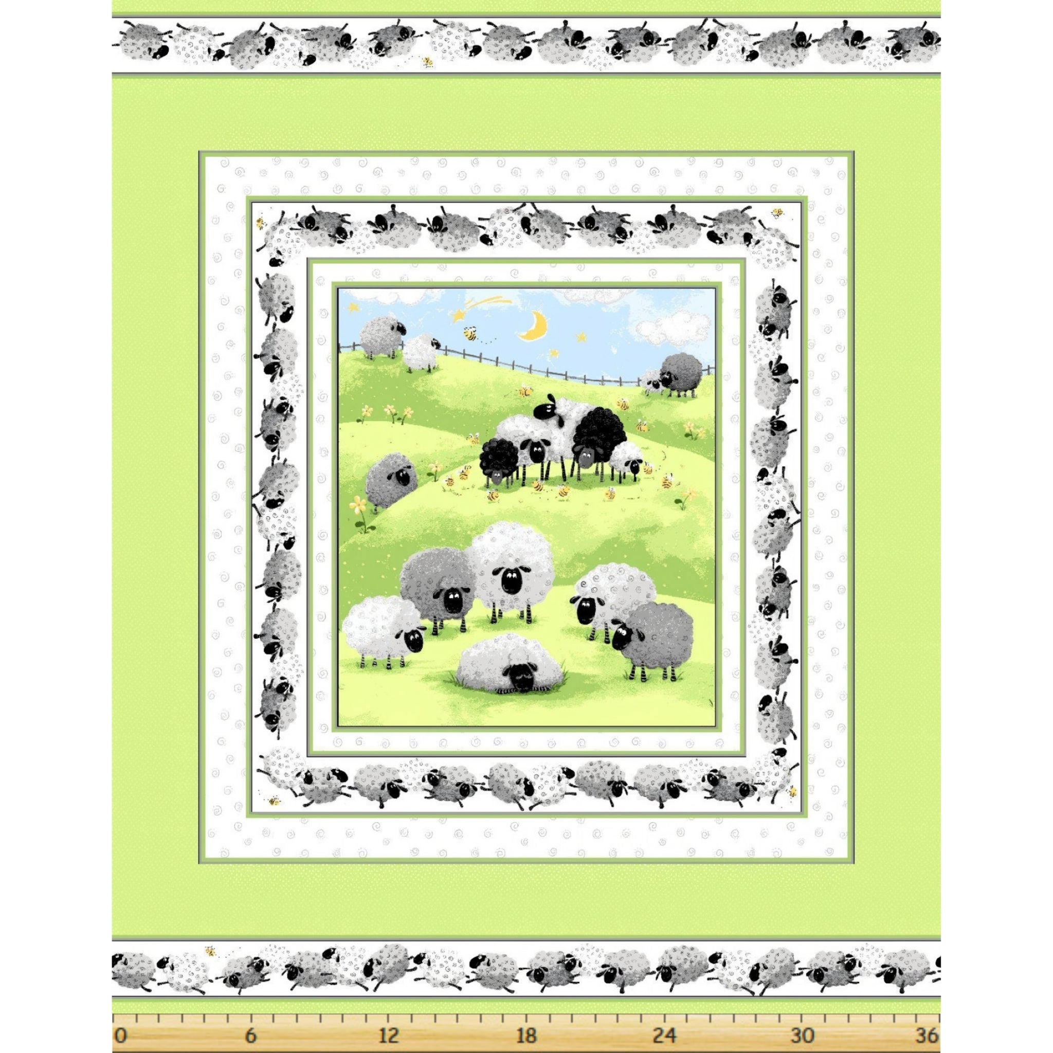 Lewe the Ewe quilt panel green sheep flock rolling hills crescent moon running sheep border novelty kids quilting fabric baby quilts nursery wall hangings