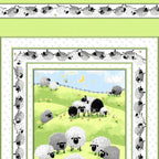 Lewe the Ewe quilt panel green sheep flock rolling hills crescent moon running sheep border novelty kids quilting fabric baby quilts nursery wall hangings