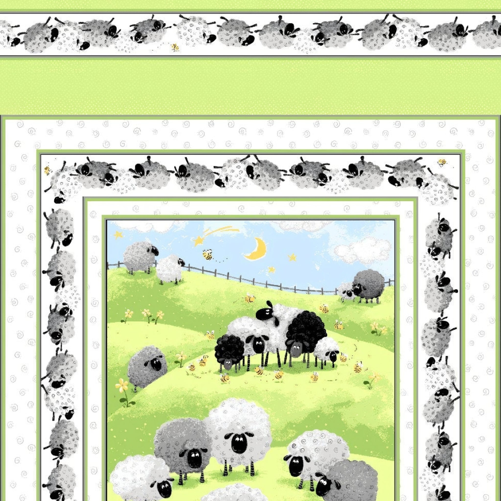 Lewe the Ewe quilt panel green sheep flock rolling hills crescent moon running sheep border novelty kids quilting fabric baby quilts nursery wall hangings