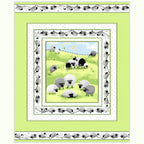 Lewe the Ewe quilt panel green sheep flock rolling hills crescent moon running sheep border novelty kids quilting fabric baby quilts nursery wall hangings
