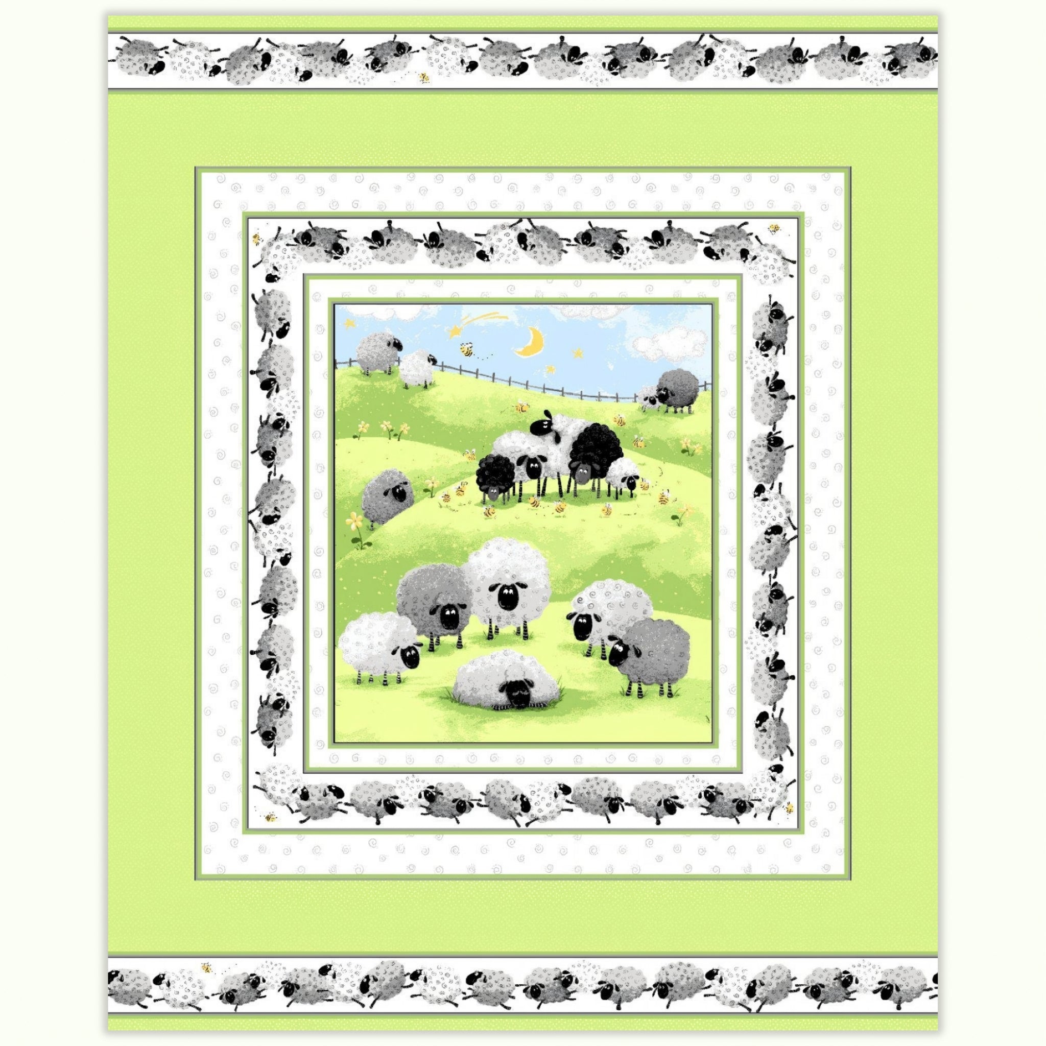 Lewe the Ewe quilt panel green sheep flock rolling hills crescent moon running sheep border novelty kids quilting fabric baby quilts nursery wall hangings
