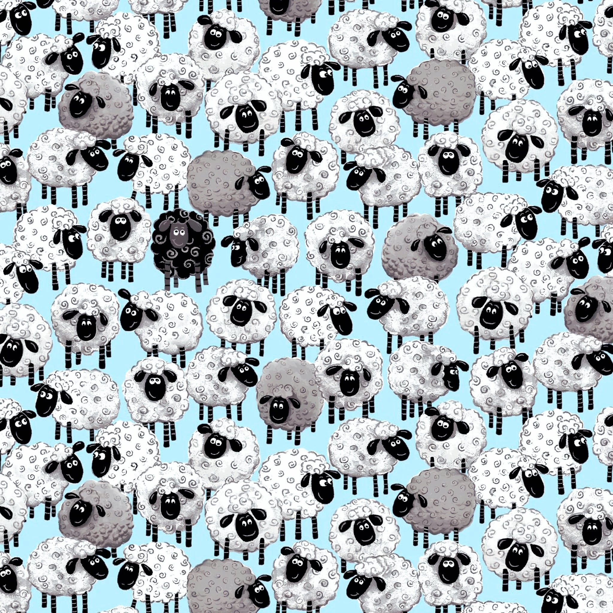Illustrated white grey black sheep stacked light blue fabric for children's quilts baby nursery novelty kids patchwork projects