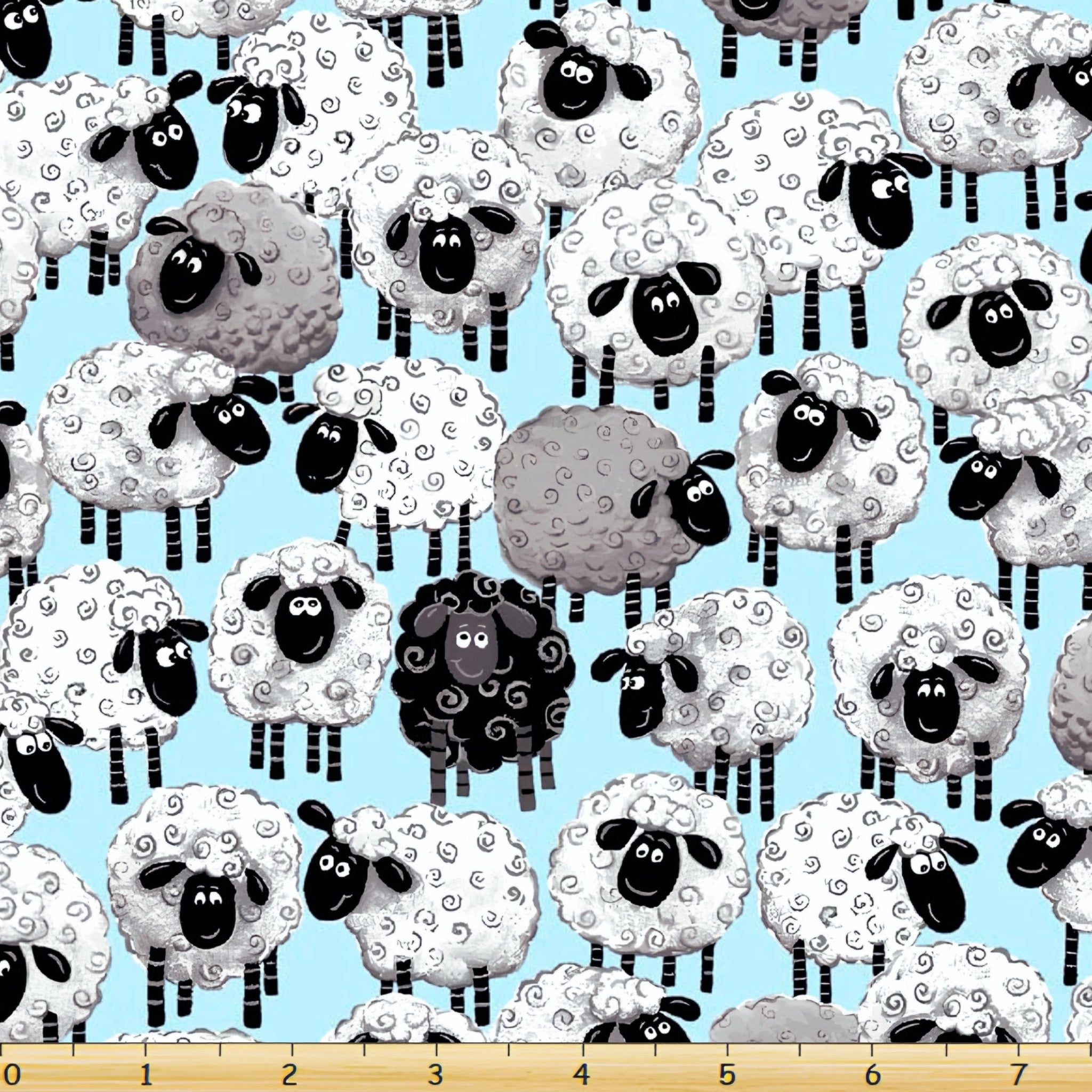 Illustrated white grey black sheep stacked light blue fabric for children's quilts baby nursery novelty kids patchwork projects