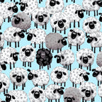 Illustrated white grey black sheep stacked light blue fabric for children's quilts baby nursery novelty kids patchwork projects