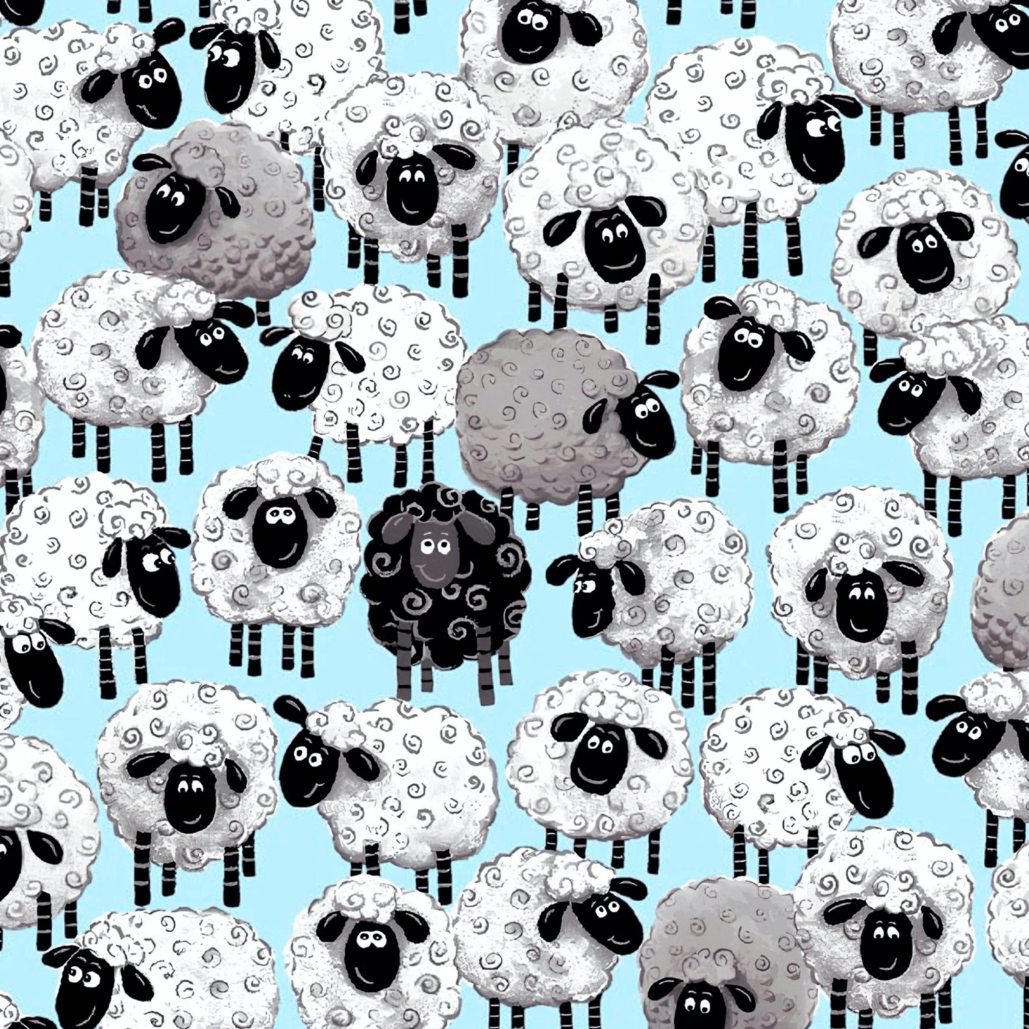 Illustrated white grey black sheep stacked light blue fabric for children's quilts baby nursery novelty kids patchwork projects