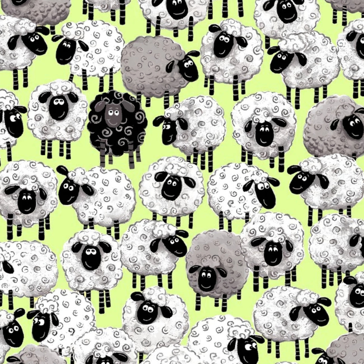 Lewe the Ewe packed flock stacked sheep white grey black lime green novelty kids quilting fabric children's quilts baby quilts nursery gifts