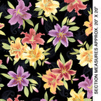 Realistic lily floral black fabric purple yellow orange coral green leaves scrollwork for statement quilts and bold floral patchwork projects
