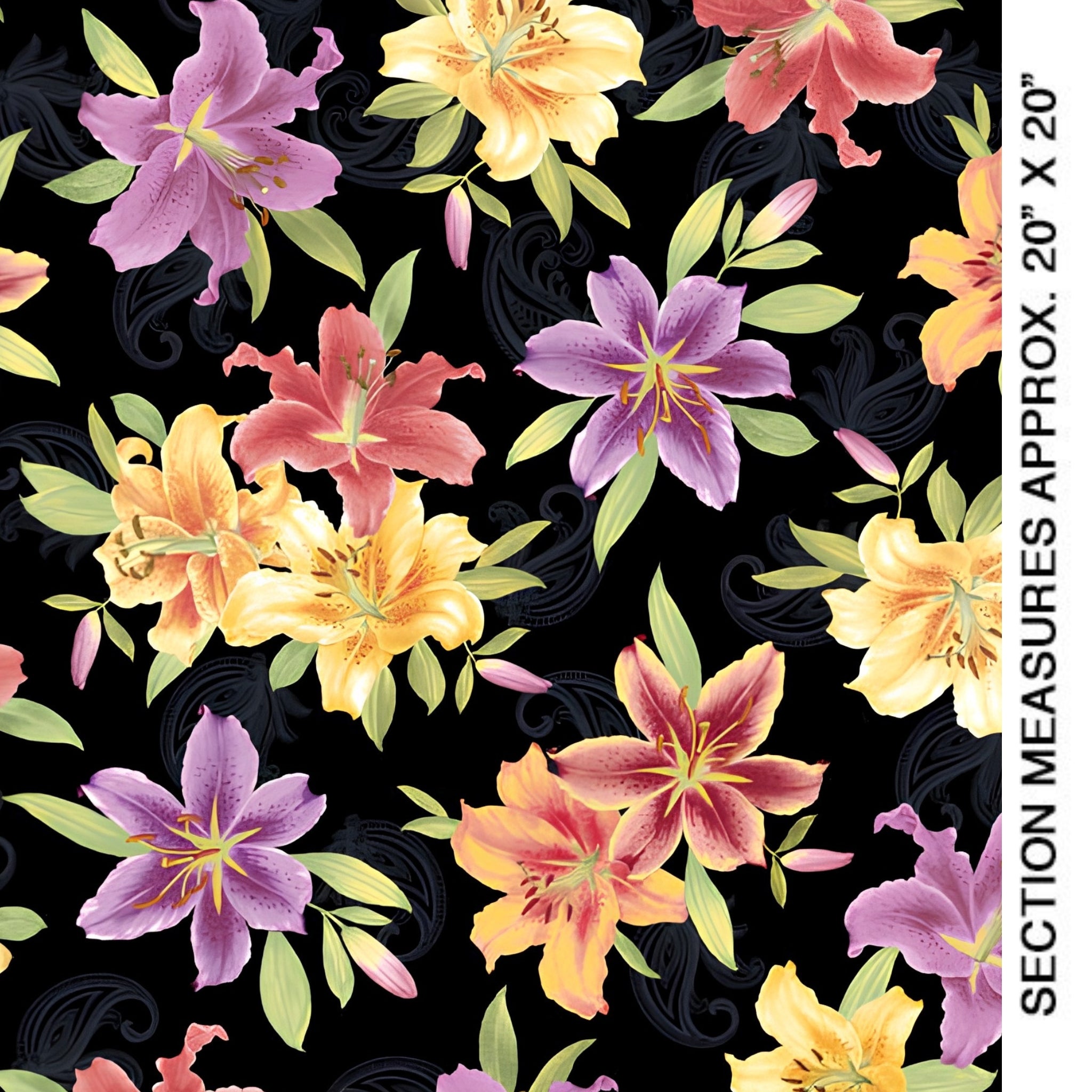 Realistic lily floral black fabric purple yellow orange coral green leaves scrollwork for statement quilts and bold floral patchwork projects
