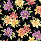 Realistic lily floral black fabric purple yellow orange coral green leaves scrollwork for statement quilts and bold floral patchwork projects