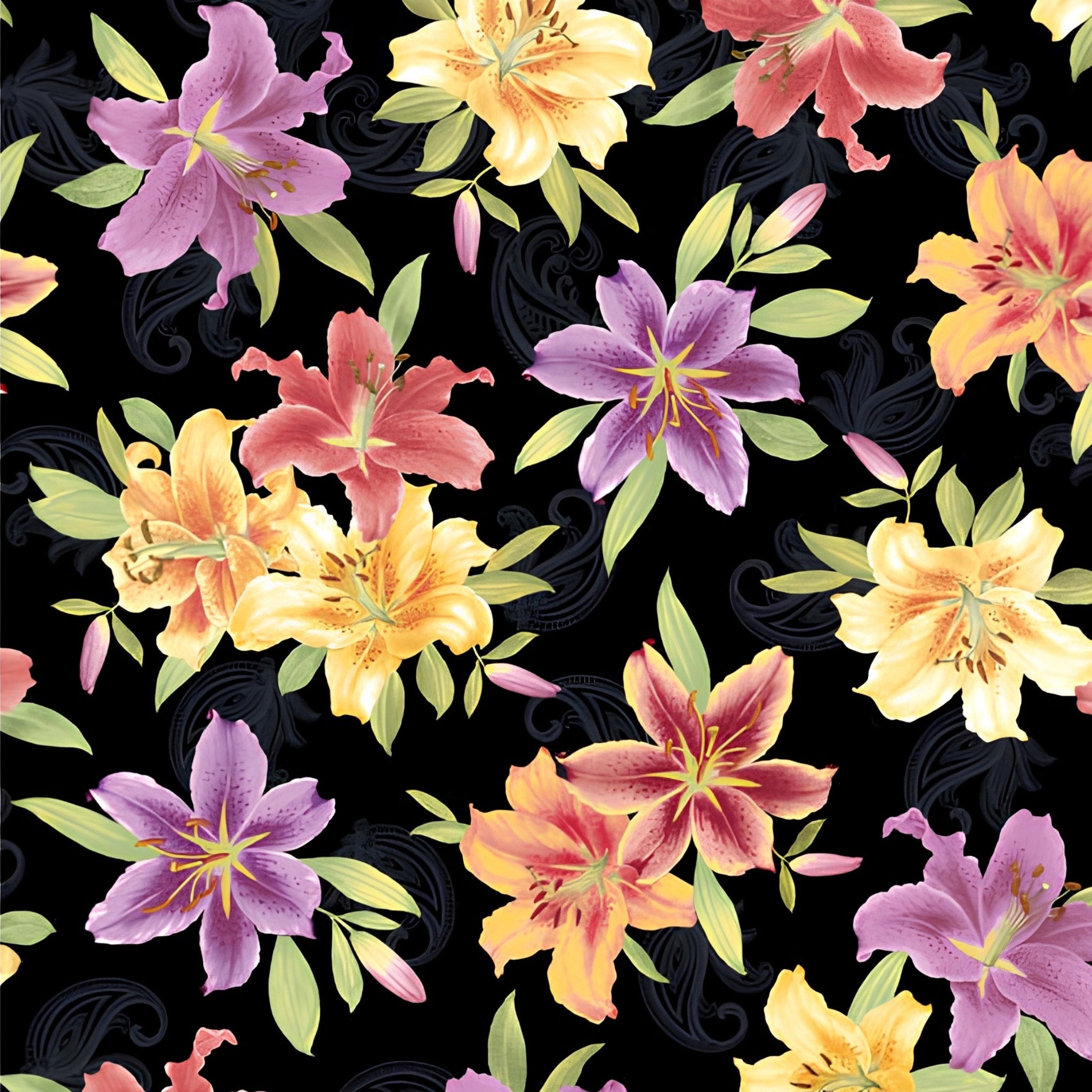 Realistic lily floral black fabric purple yellow orange coral green leaves scrollwork for statement quilts and bold floral patchwork projects
