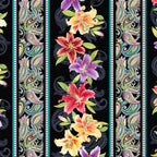 Lily stripe black multi quilting fabric floral paisley bands purple coral yellow teal for borders sashing and dramatic floral quilts