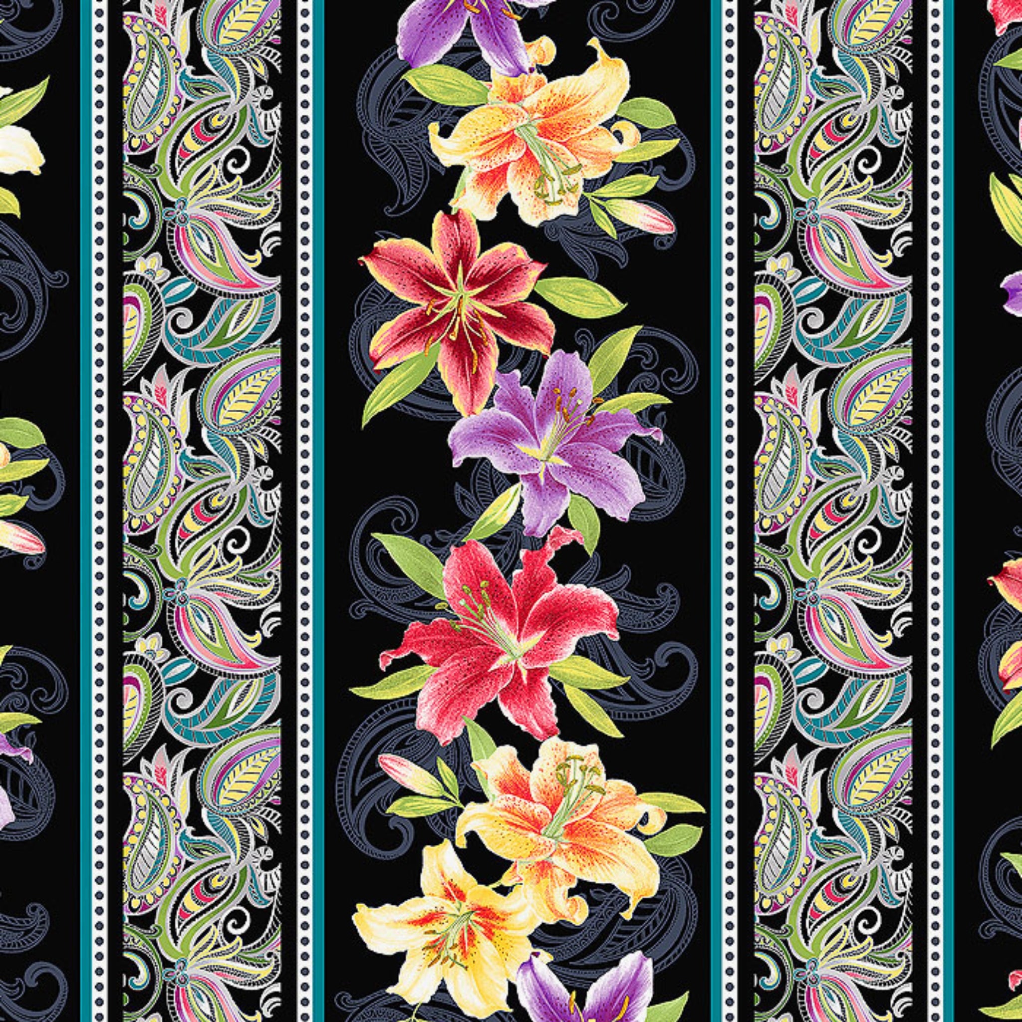 Lily stripe black multi quilting fabric floral paisley bands purple coral yellow teal for borders sashing and dramatic floral quilts