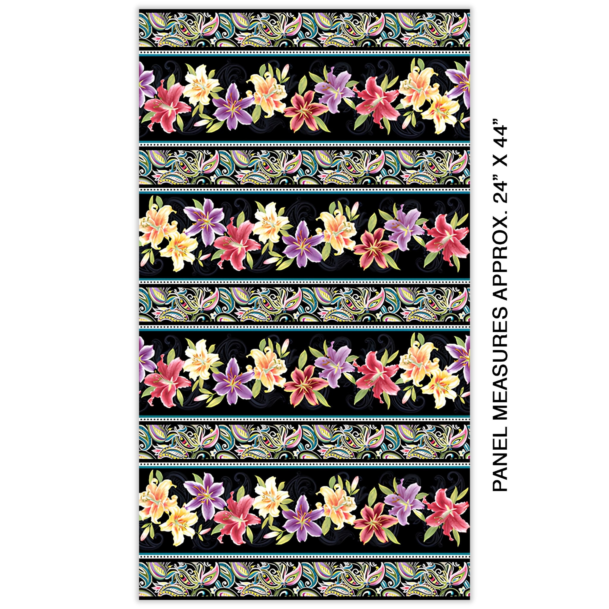 Lily stripe black multi quilting fabric floral paisley bands purple coral yellow teal for borders sashing and dramatic floral quilts