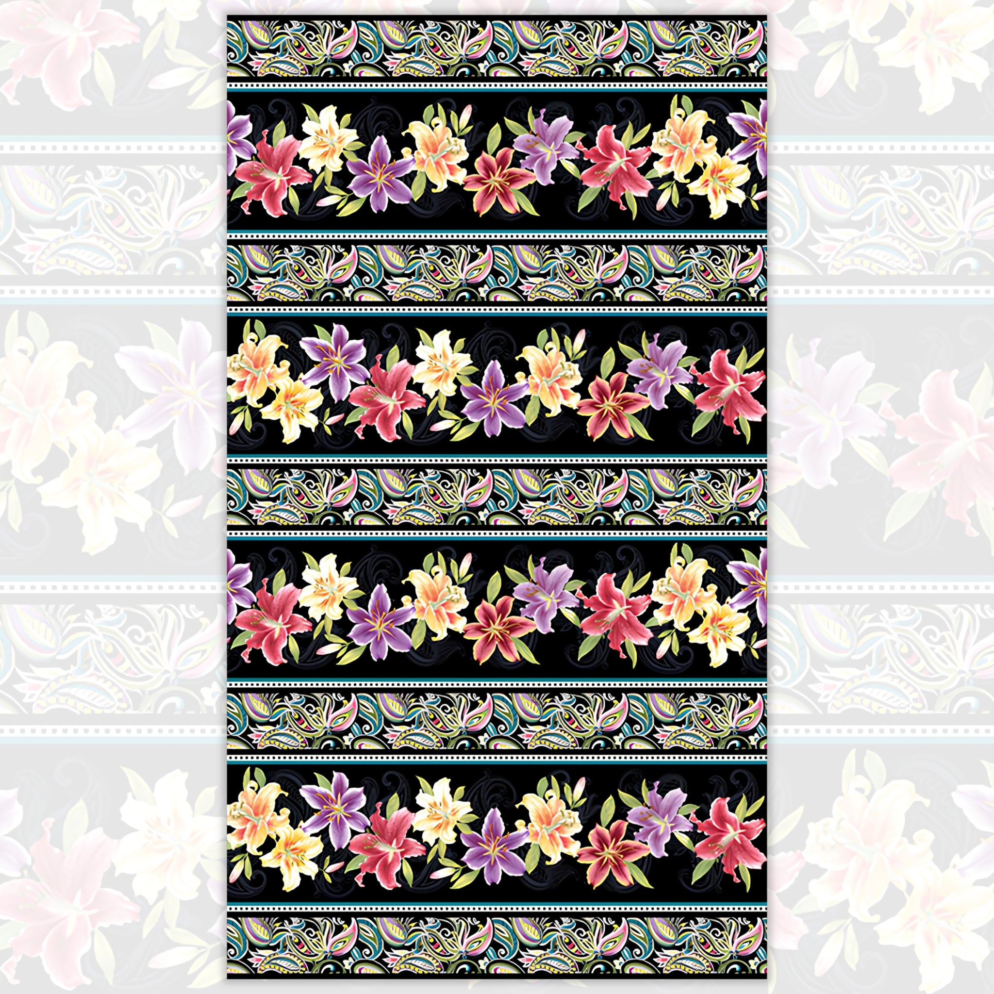 Lily stripe black multi quilting fabric floral paisley bands purple coral yellow teal for borders sashing and dramatic floral quilts