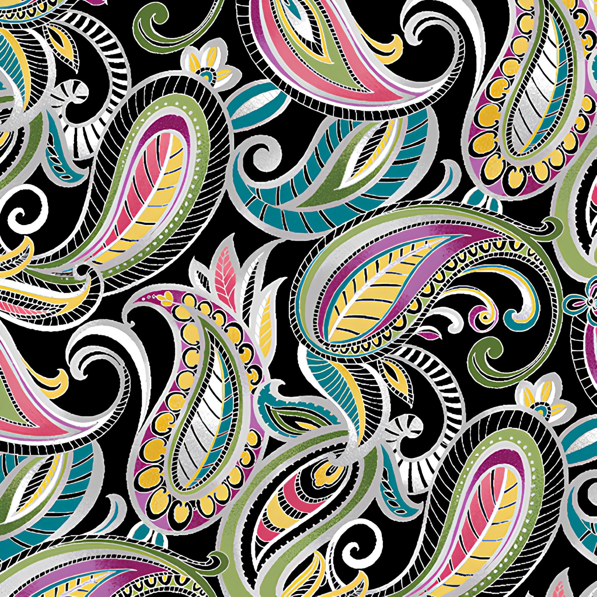 Bold paisley quilting fabric black multi teal pink olive green yellow purple for statement quilts feature blocks and patchwork projects