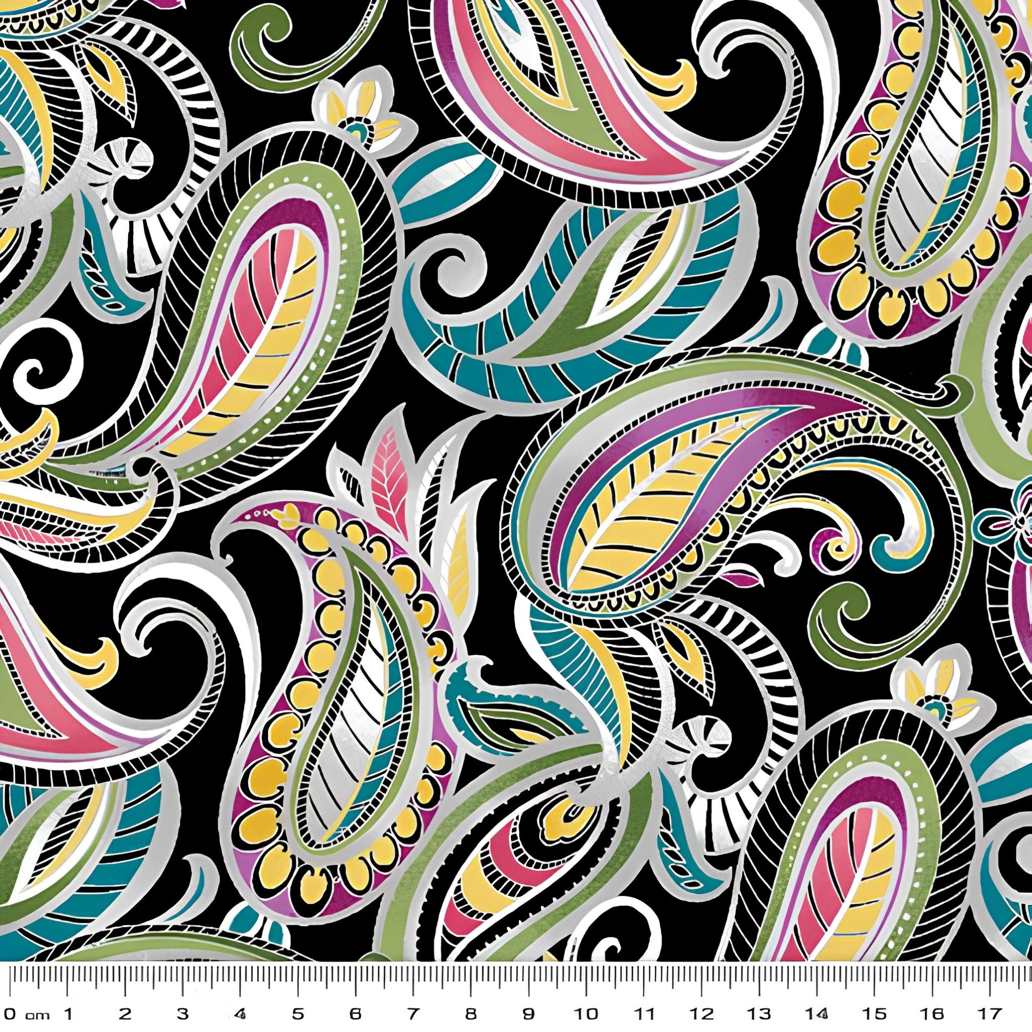 Bold paisley quilting fabric black multi teal pink olive green yellow purple for statement quilts feature blocks and patchwork projects