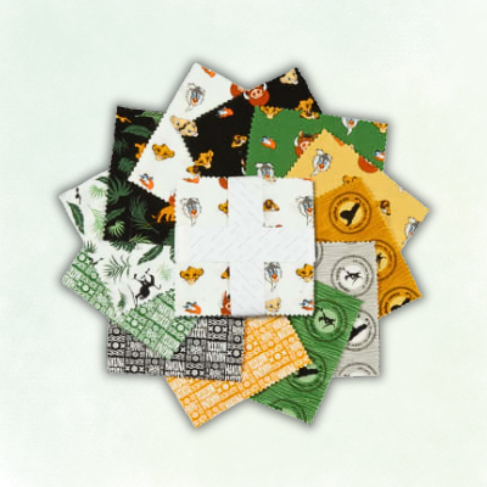 Disney Lion King stacker - Simba, tribal patterns and Hakuna Matata prints on white, gold and black for children's quilts