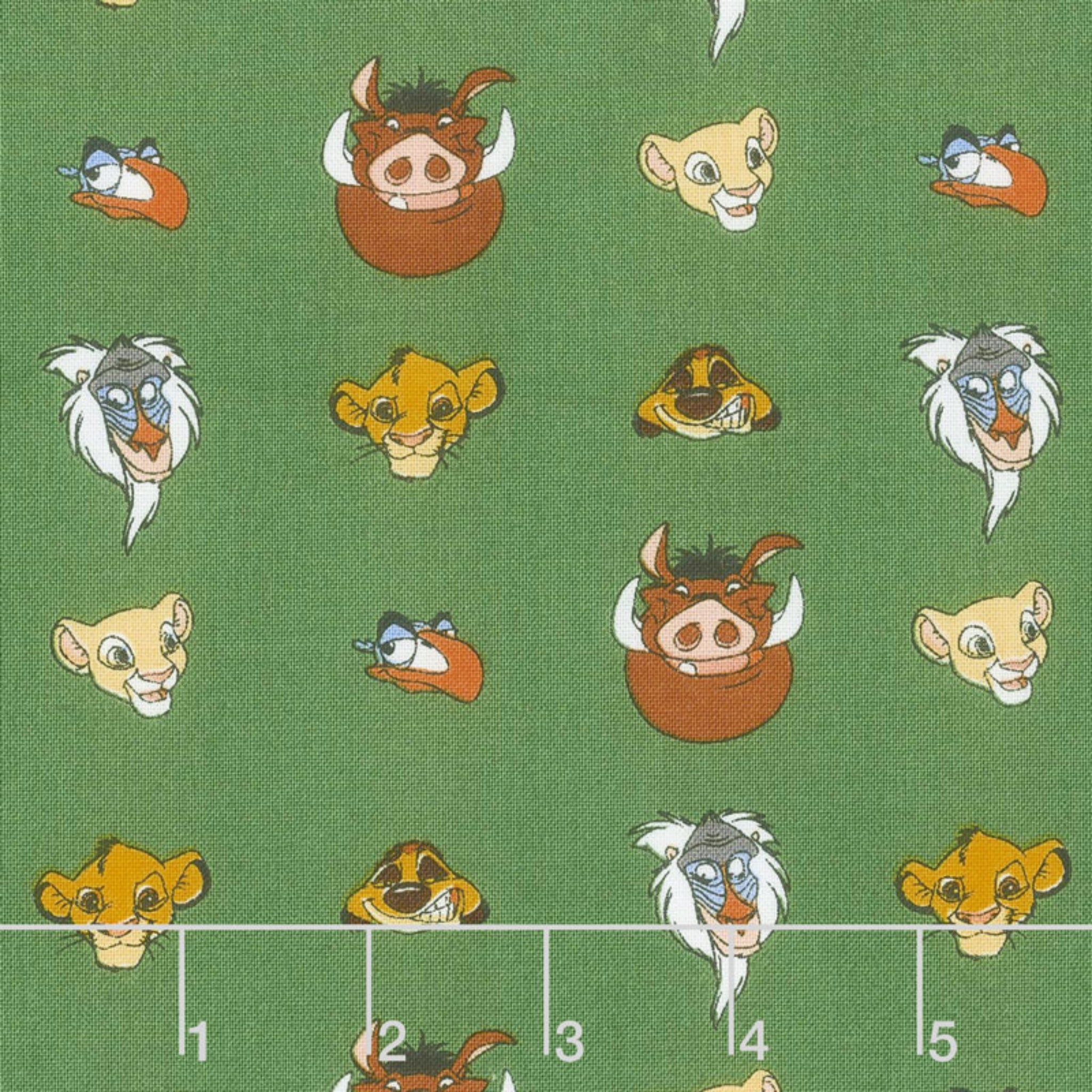 Disney Lion King Simba character heads green fabric for kids' quilts, bags and patchwork sewing projects