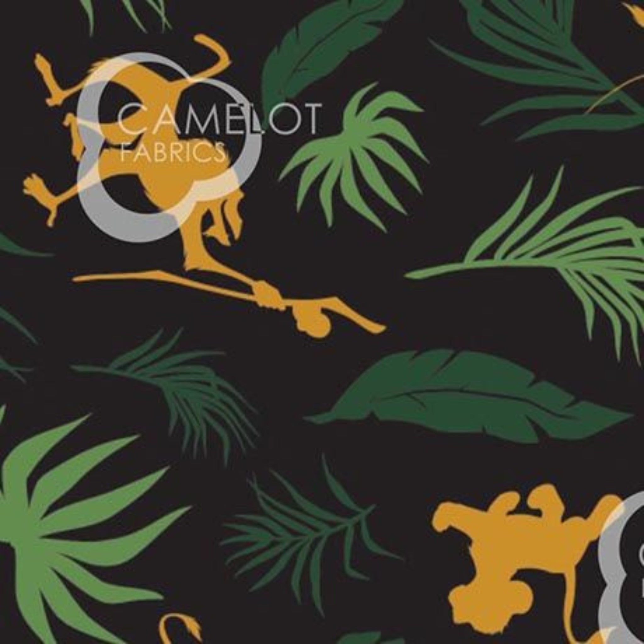 Disney Lion King Simba silhouettes tropical leaves black fabric for kids' quilts, jungle-themed projects and patchwork sewing projects