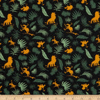 Disney Lion King Simba silhouettes tropical leaves black fabric for kids' quilts, jungle-themed projects and patchwork sewing projects