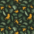 Disney Lion King Simba silhouettes tropical leaves black fabric for kids' quilts, jungle-themed projects and patchwork sewing projects