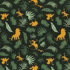 Disney Lion King Simba silhouettes tropical leaves black fabric for kids' quilts, jungle-themed projects and patchwork sewing projects