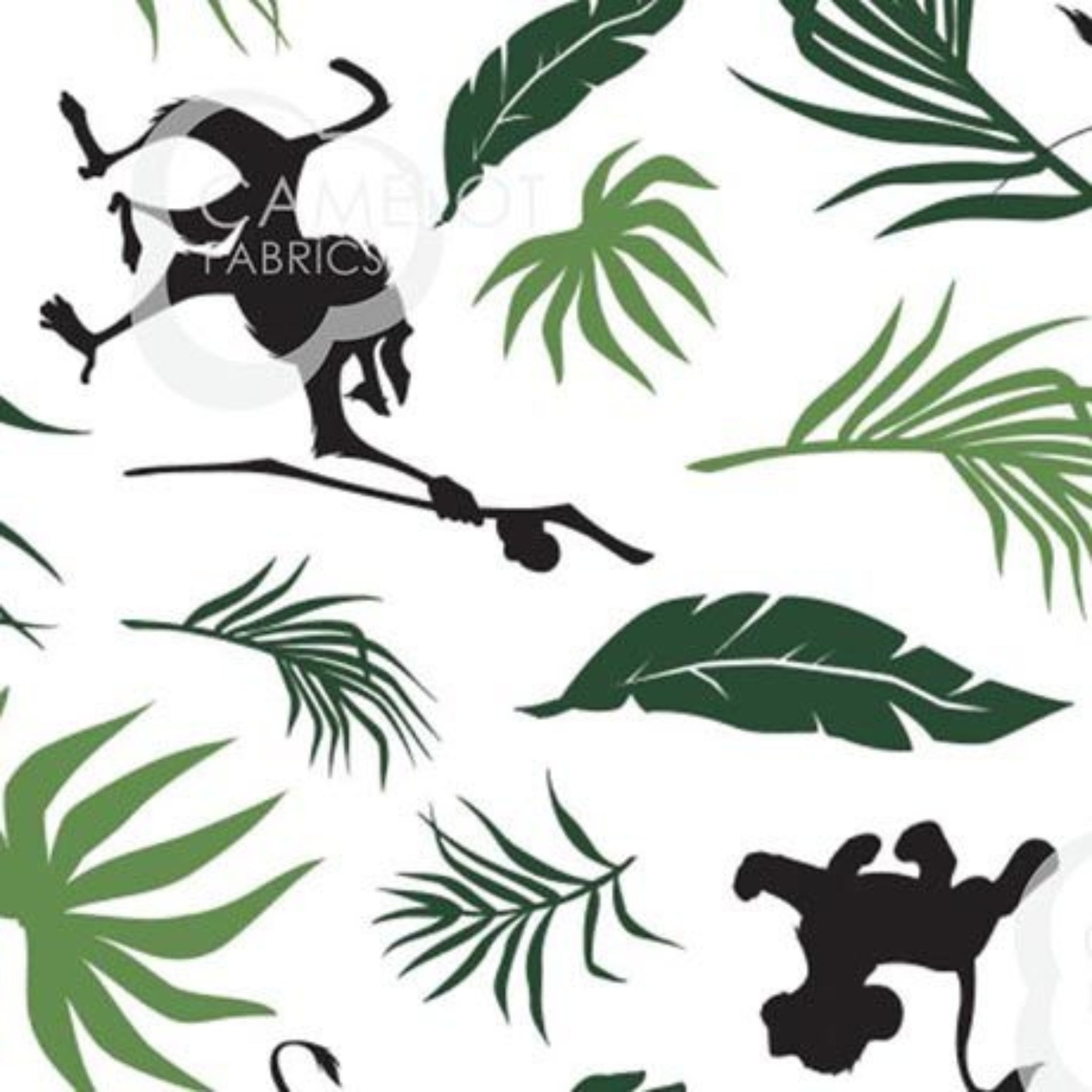Disney Lion King character silhouettes tropical leaves white fabric for kids' quilts, jungle-themed projects and patchwork sewing projects