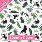 Disney Lion King character silhouettes tropical leaves white fabric for kids' quilts, jungle-themed projects and patchwork sewing projects