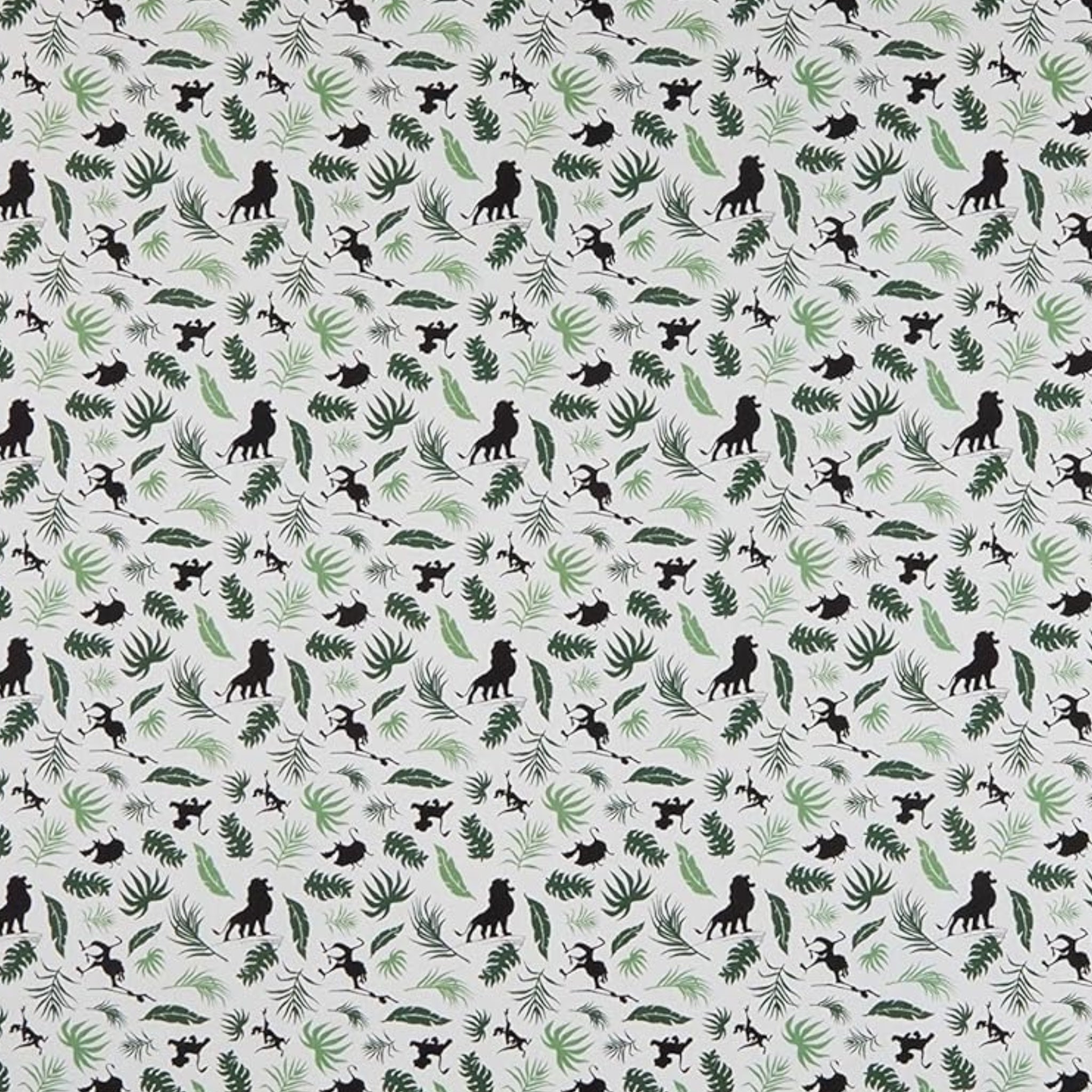 Disney Lion King character silhouettes tropical leaves white fabric for kids' quilts, jungle-themed projects and patchwork sewing projects