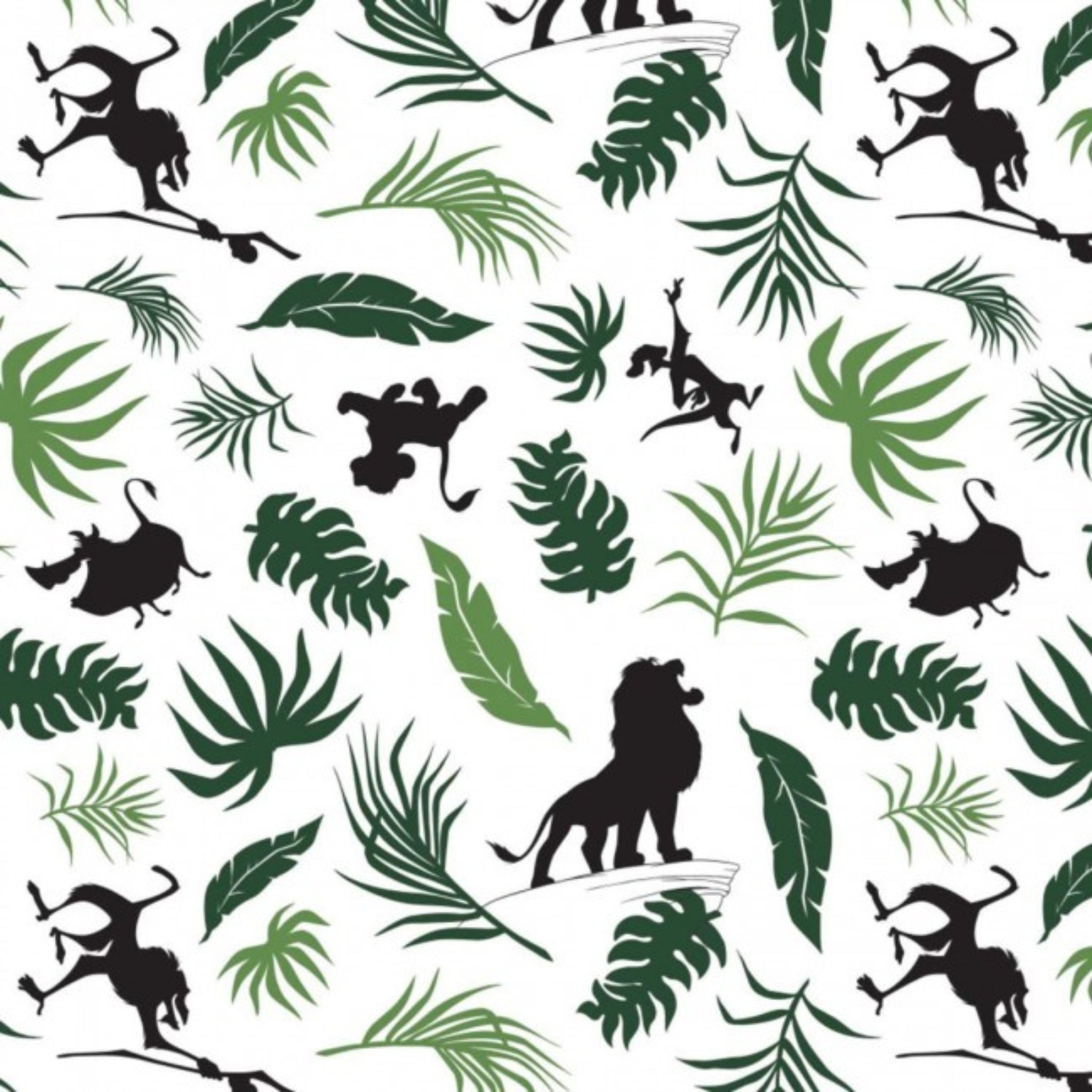 Disney Lion King character silhouettes tropical leaves white fabric for kids' quilts, jungle-themed projects and patchwork sewing projects