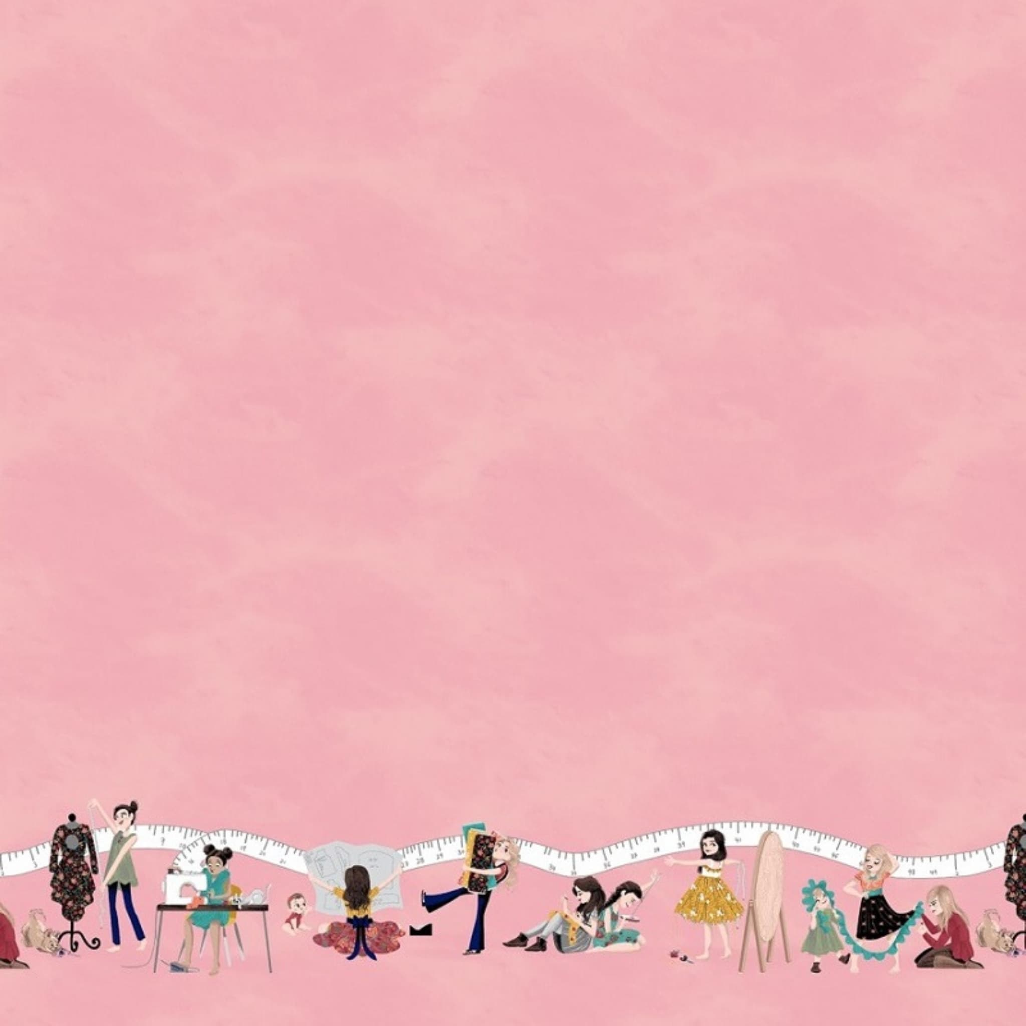 Little Sewists double border fabric in blush pink with sewing-themed motifs, perfect for quilts, bags, and sewing projects