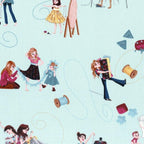 Little Sewists fabric in aqua blue with delicate stitching motifs, perfect for quilts, bags, and sewing projects