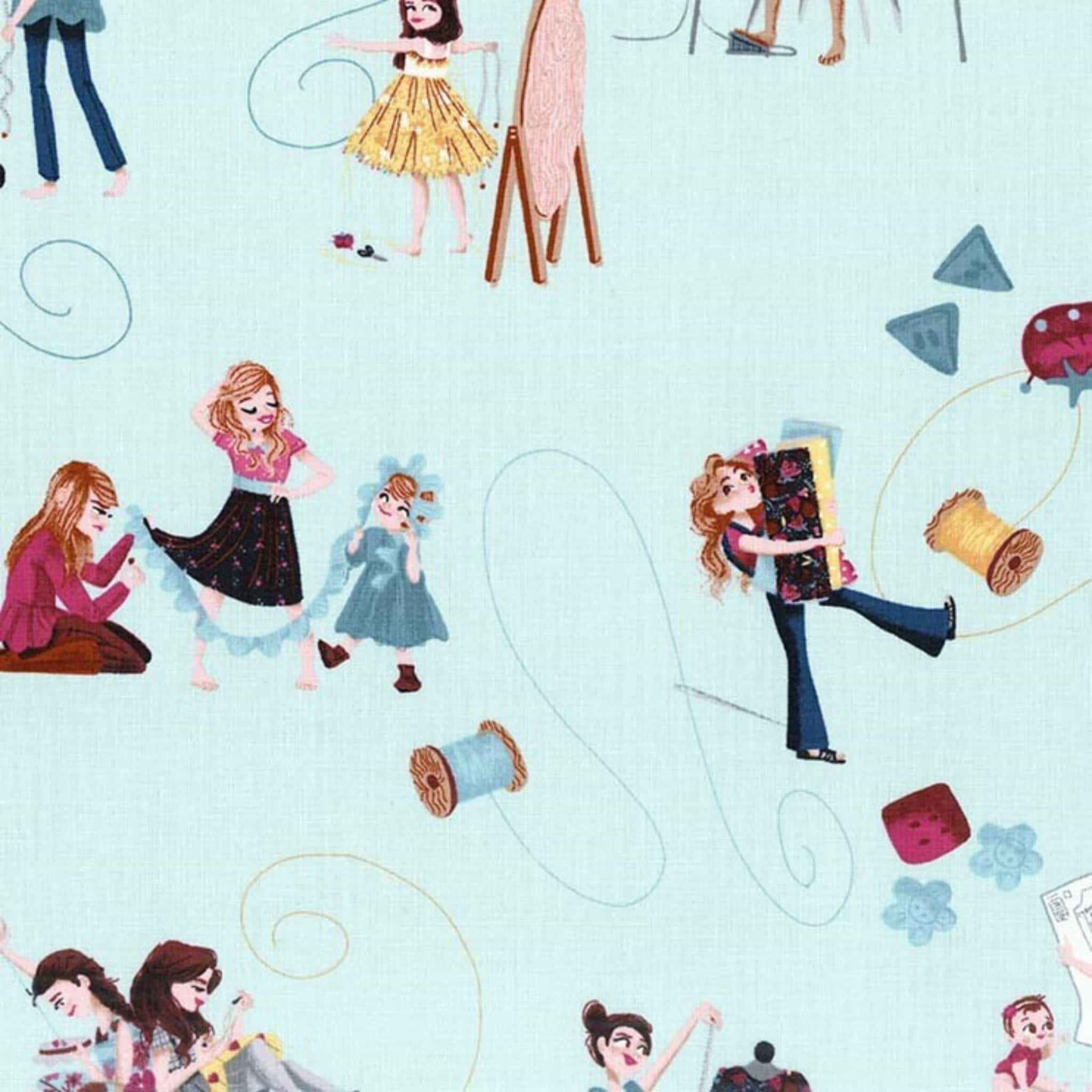 Little Sewists fabric in aqua blue with delicate stitching motifs, perfect for quilts, bags, and sewing projects